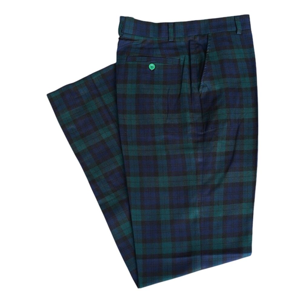 Mens 32 Black Watch Tartan Plaid Pants Cotton Flat Front Dress Trousers NWT